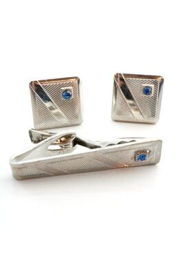 Vintage Crest Craft Square Cufflinks Tie Clip Set Silver Tone Blue Accent